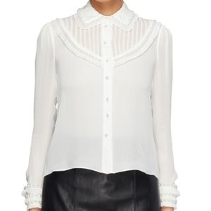 NWT Alice + Olivia Noreen Faux Pearl Trim Pleated Yoke White Silk Blouse